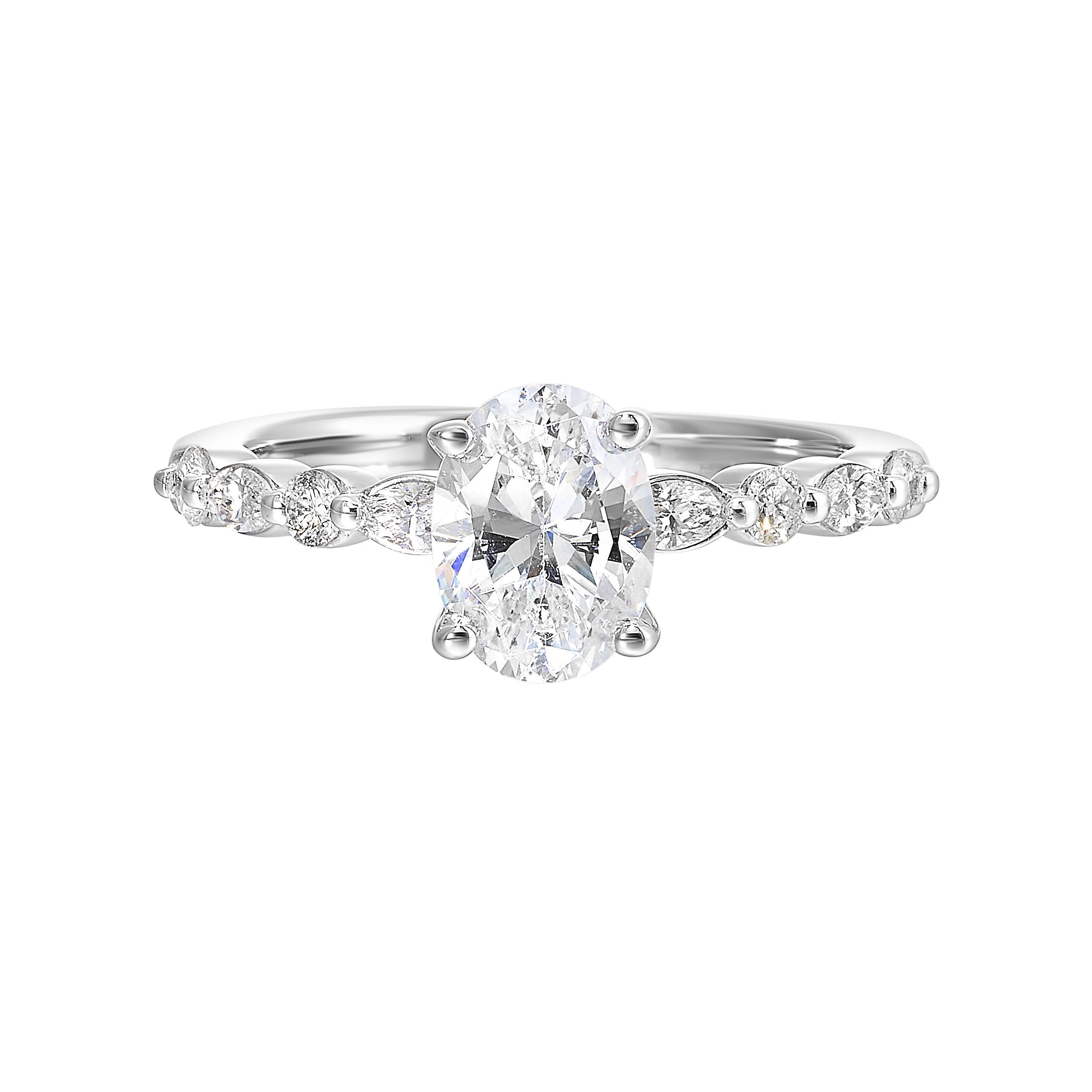 A magnificent oval diamond takes center stage, framed by a breathtaking alternation of fancy and round diamonds is sure to delight her.
