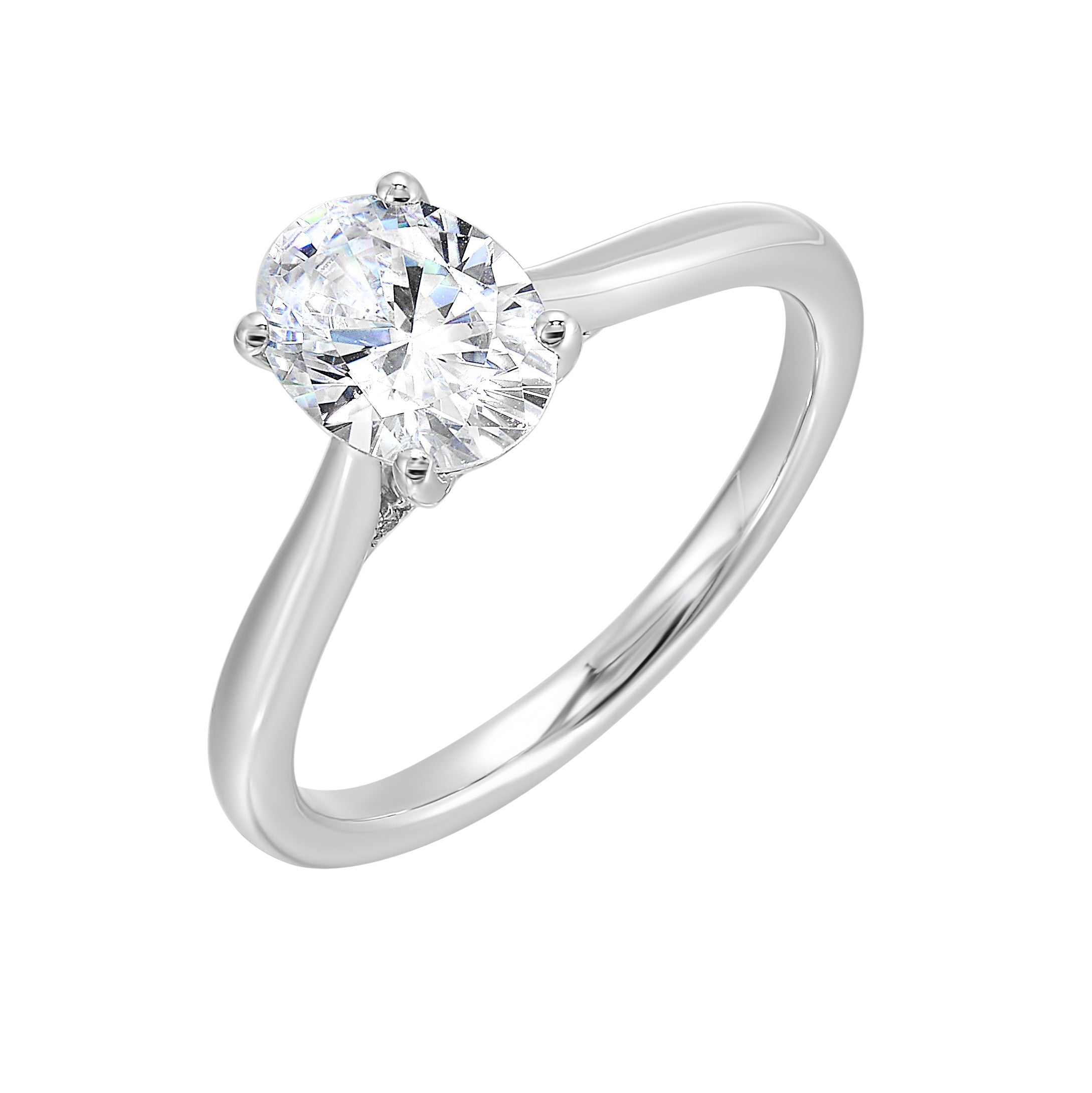Effortless and classy this dazzling four prong oval solitaire ring features a clean, classic look with a sleek band.