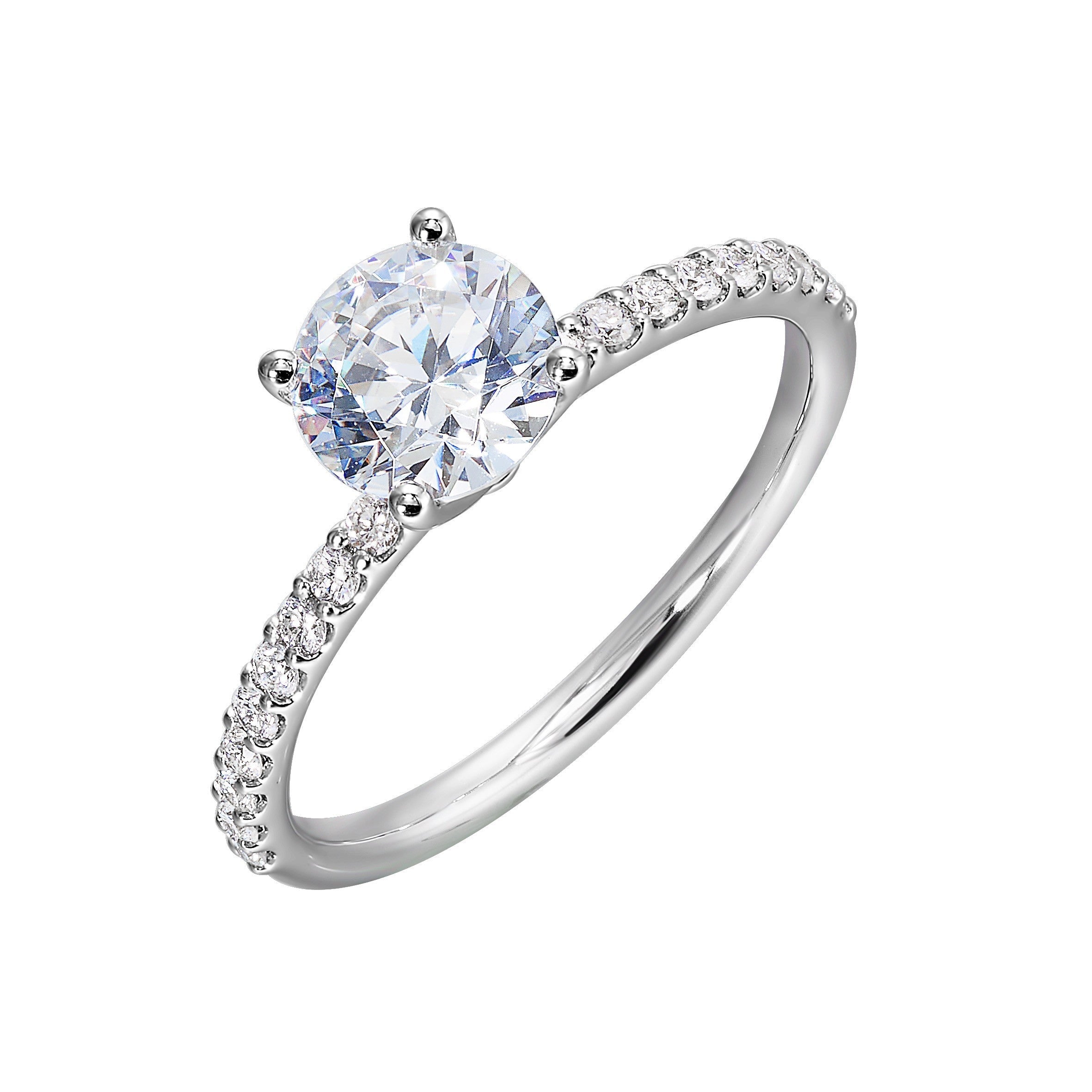 This solitaire ring boasts a dazzling micro pave on shank, offering sparkle to this delicate design offers timeless look.