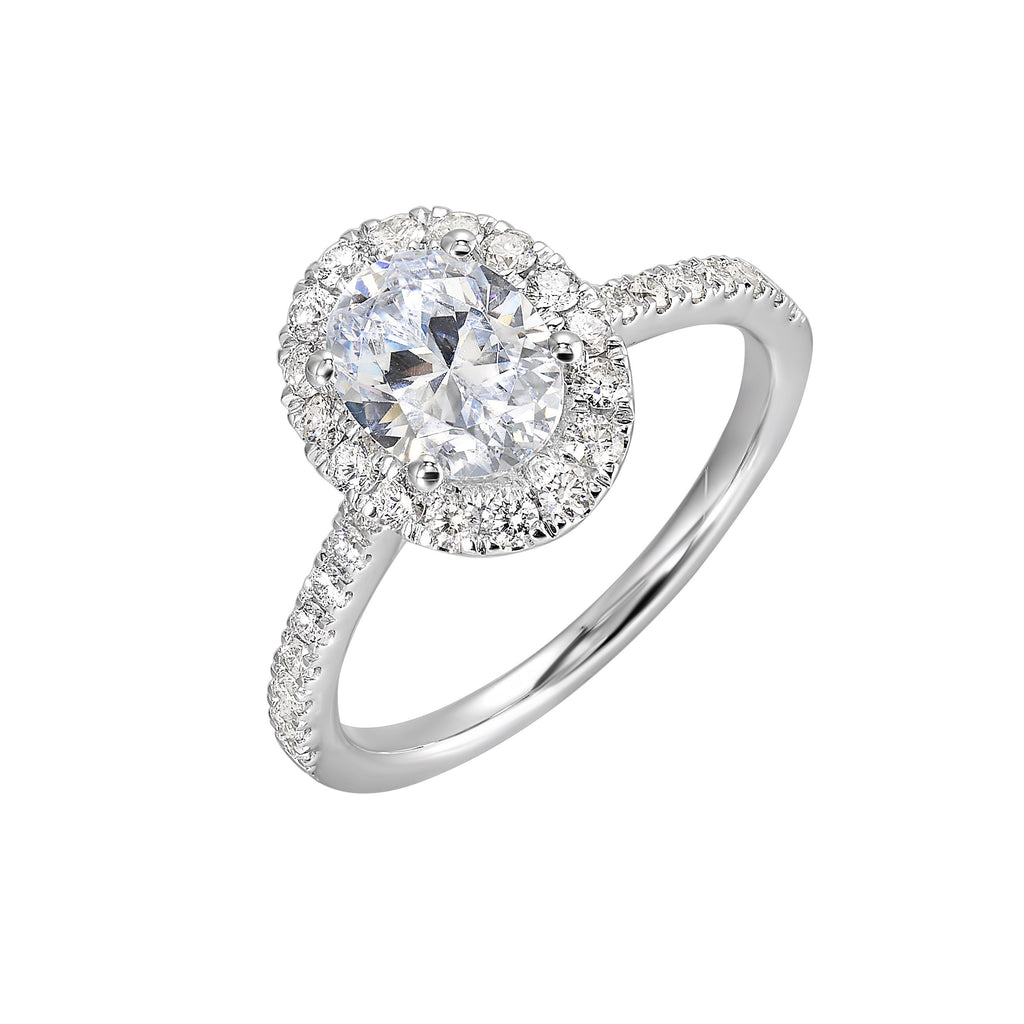 Oval solitaire halo ring with sleek diamond studded shank, this design offers a romantic look for your special moments.