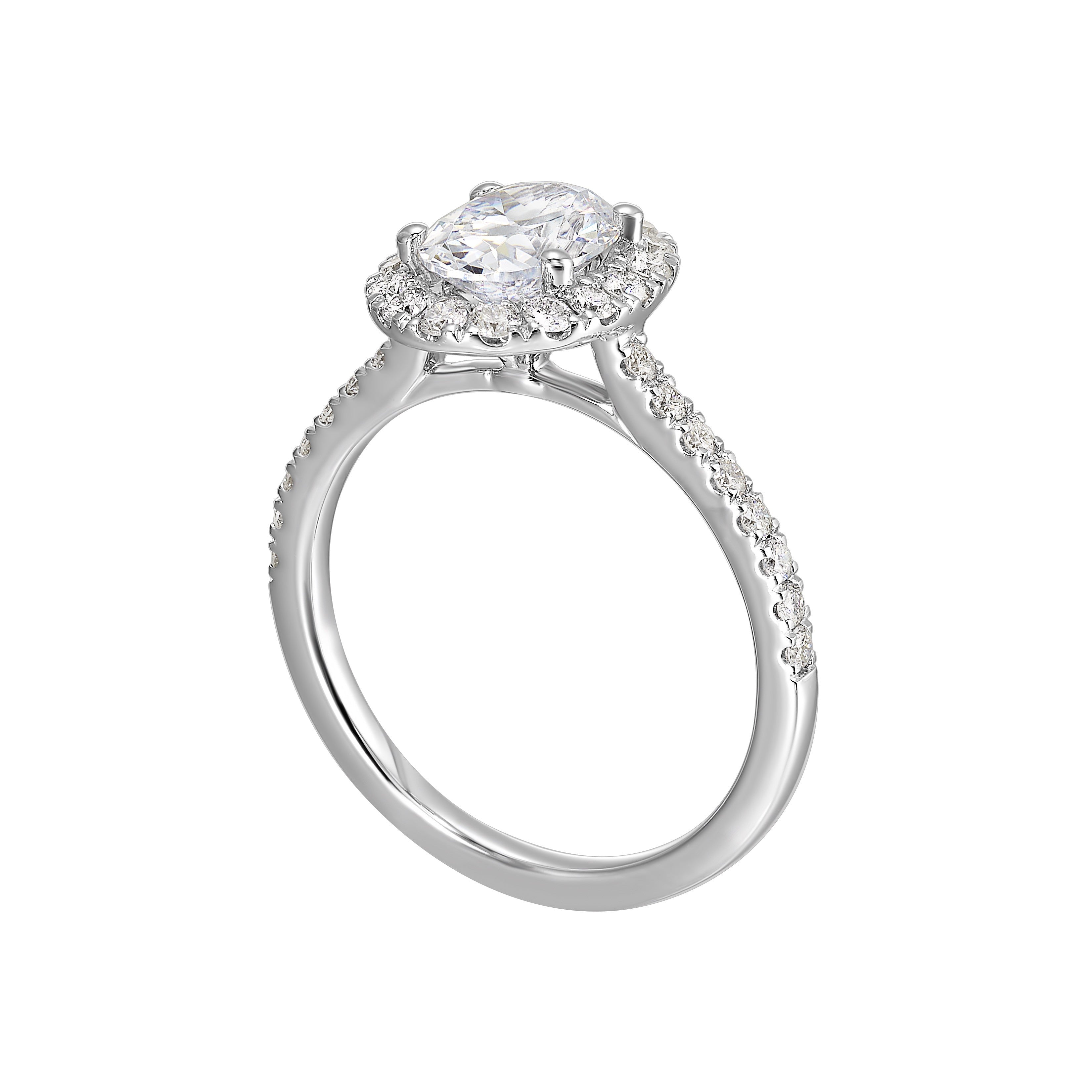 Oval solitaire halo ring with sleek diamond studded shank, this design offers a romantic look for your special moments.