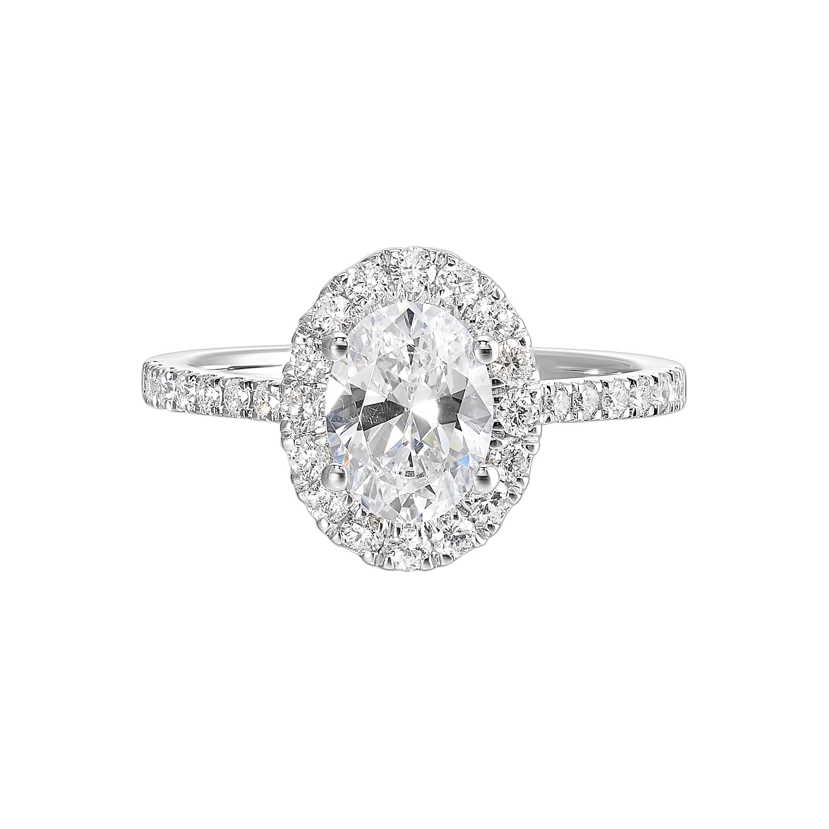 Oval solitaire halo ring with sleek diamond studded shank, this design offers a romantic look for your special moments.