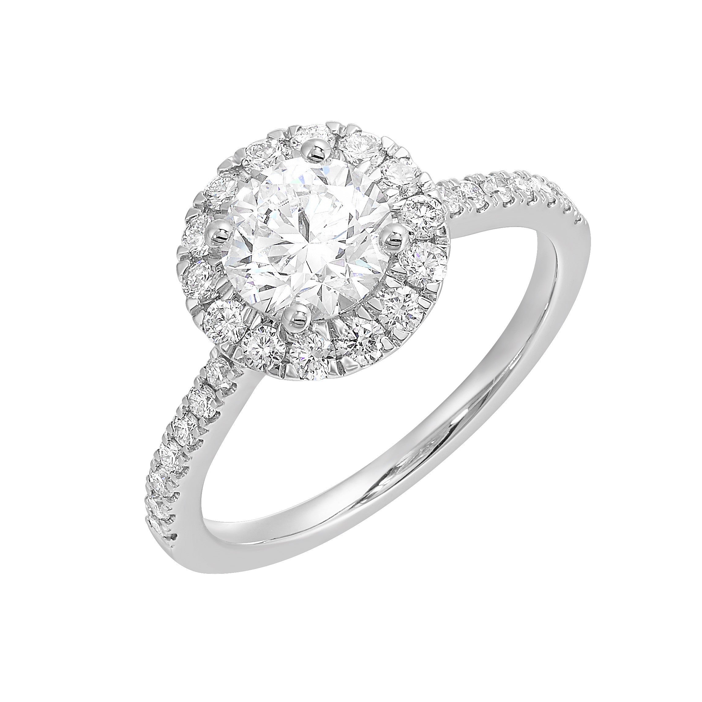 Dazzle with classic round solitaire framed by a sparkling halo. The studded shank adds a touch of classic look, making this ring a timeless symbol of elegance.
