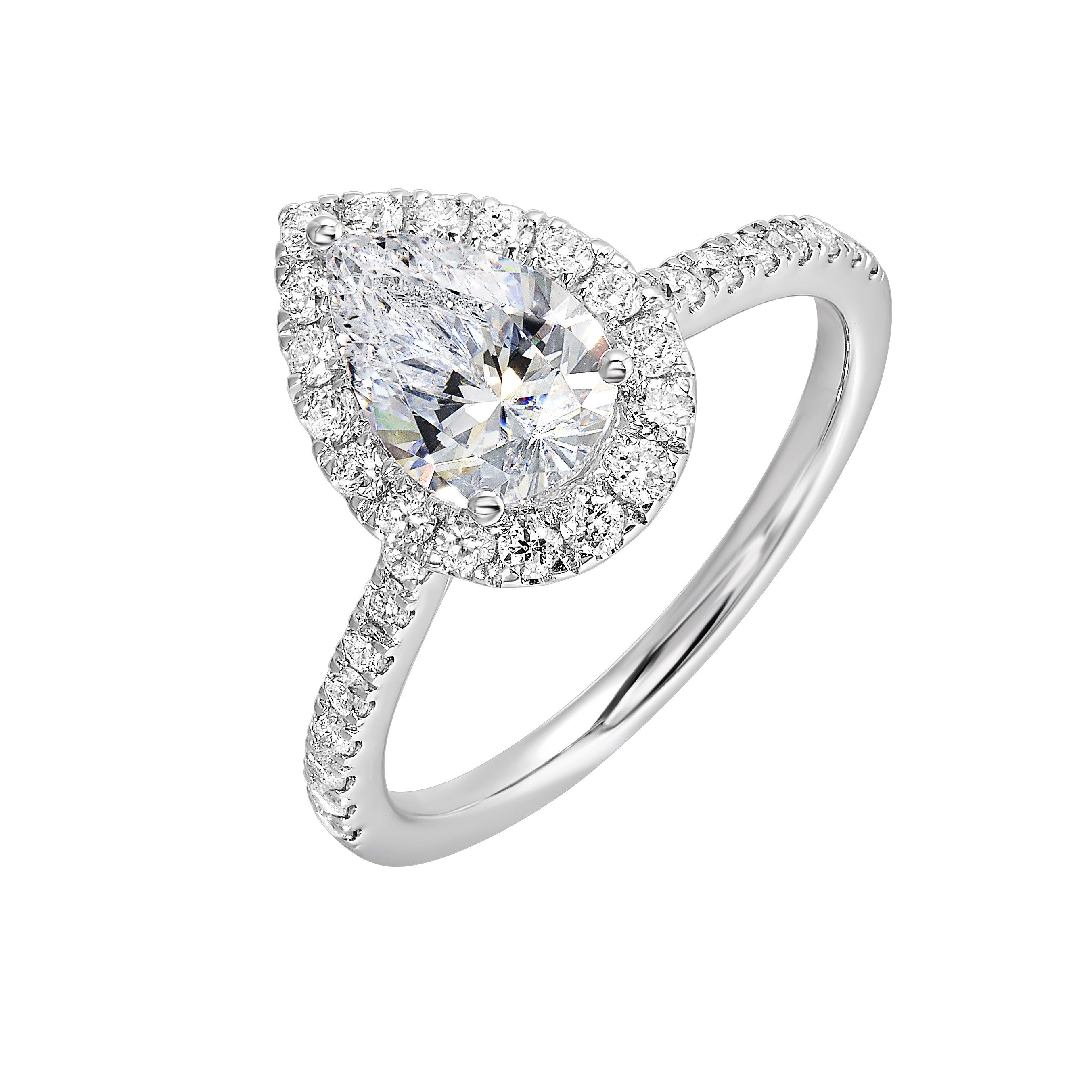 The pear cut solitare shines in this elegant ring, embraced by a delicate halo. The diamond shank adds a touch of sparkle, showcasing the beauty of the pear and halo at its finest.