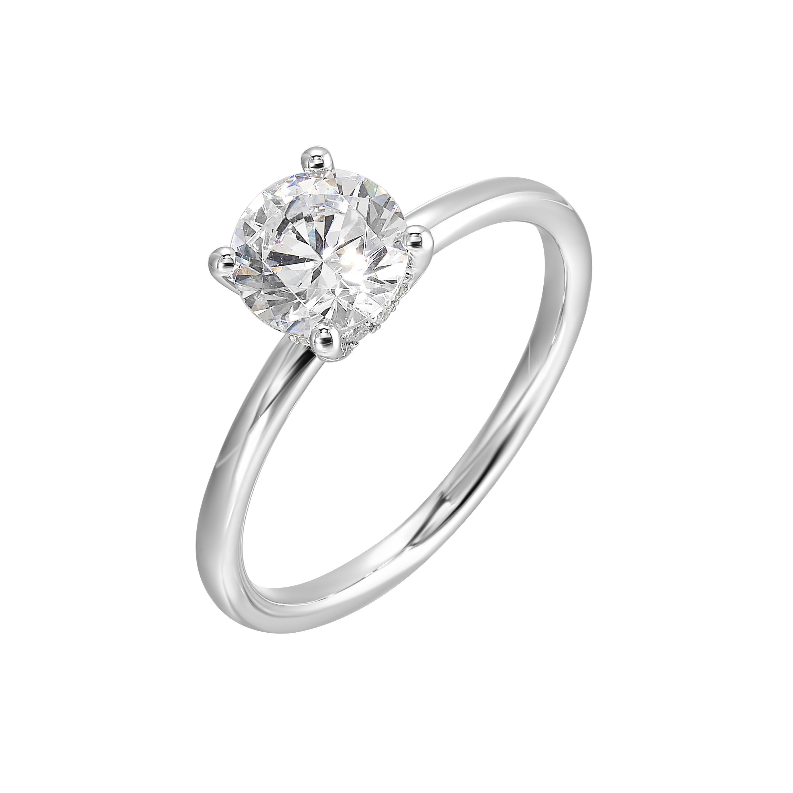 The dazzling solitaire diamond take center stage. The petite band adds to the sleek, classic look.