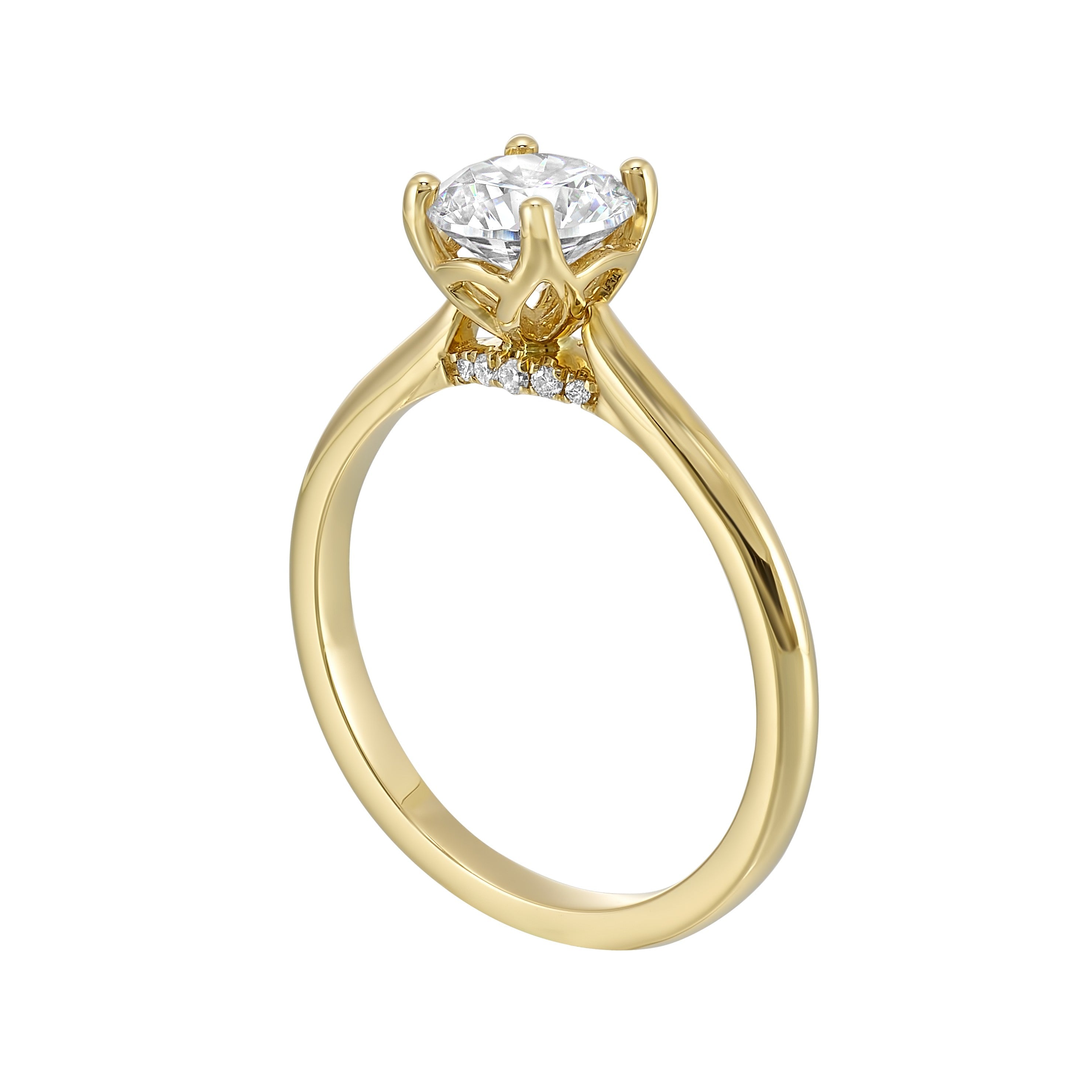Delicate solitaire ring features a thin metal band that showcases a beaded milgrain in center with added glitters of diamonds in front.