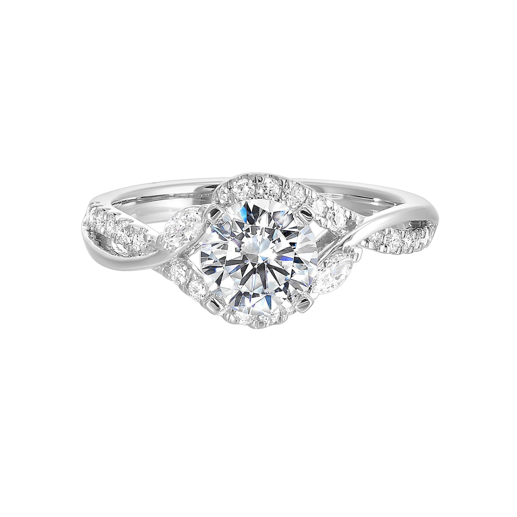 A nature inspired twist on the classic three stone ring. This ring features interwined look with play of pave diamonds and metal.