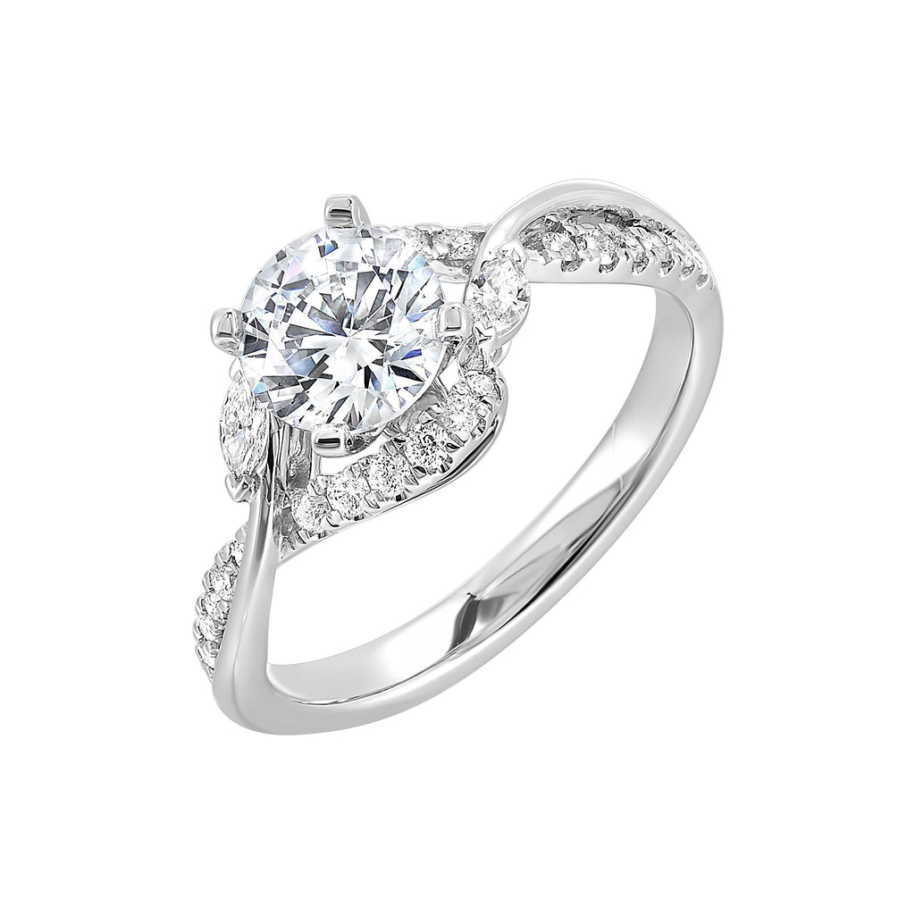 A nature inspired twist on the classic three stone ring. This ring features interwined look with play of pave diamonds and metal.