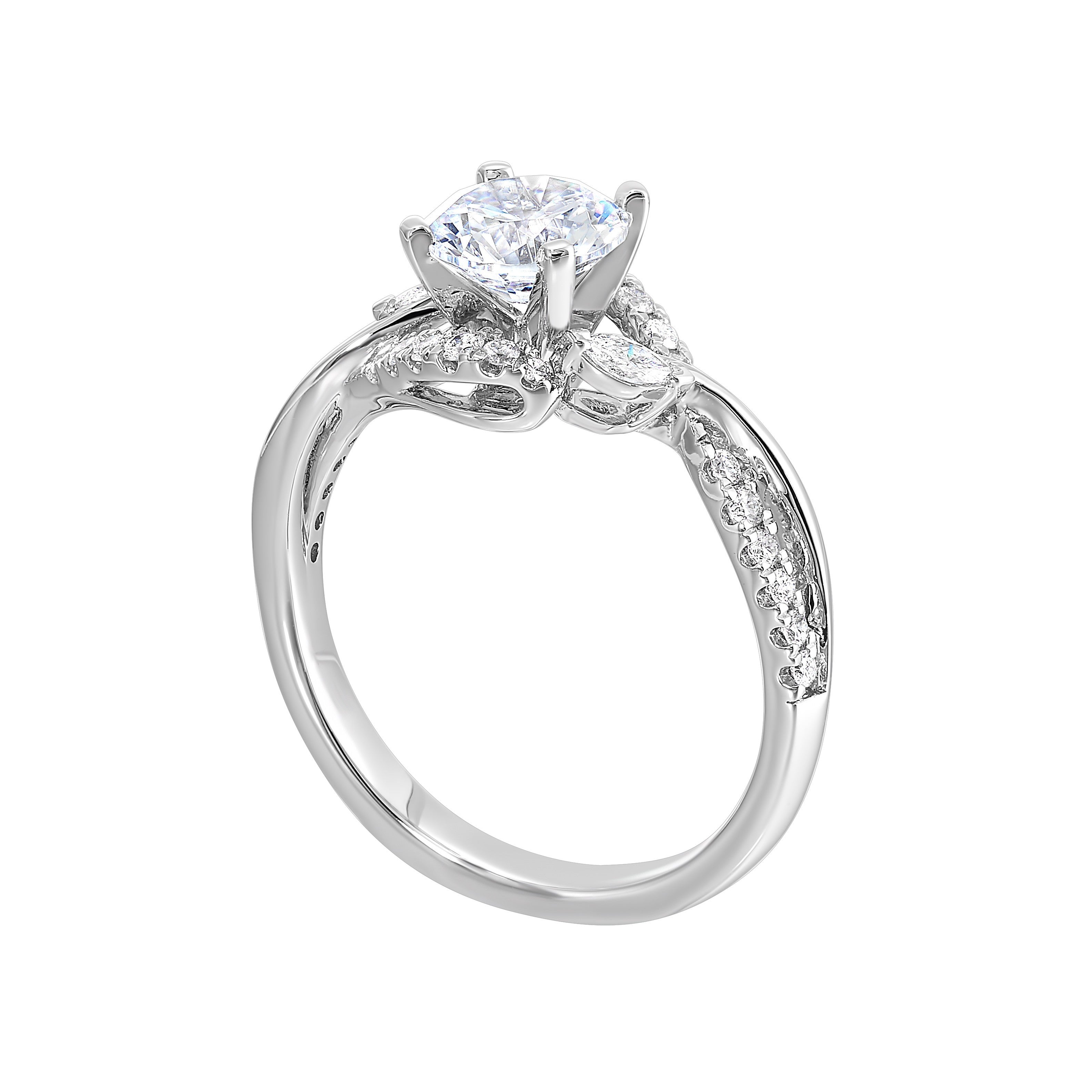 A nature inspired twist on the classic three stone ring. This ring features interwined look with play of pave diamonds and metal.