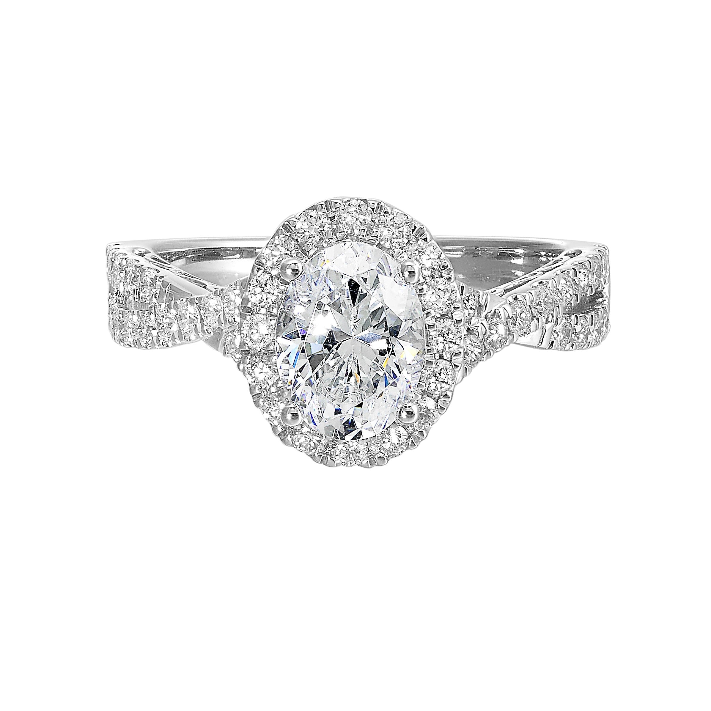 Shimmers of entwined shank with a classic halo and round center diamond is sure to delight you.