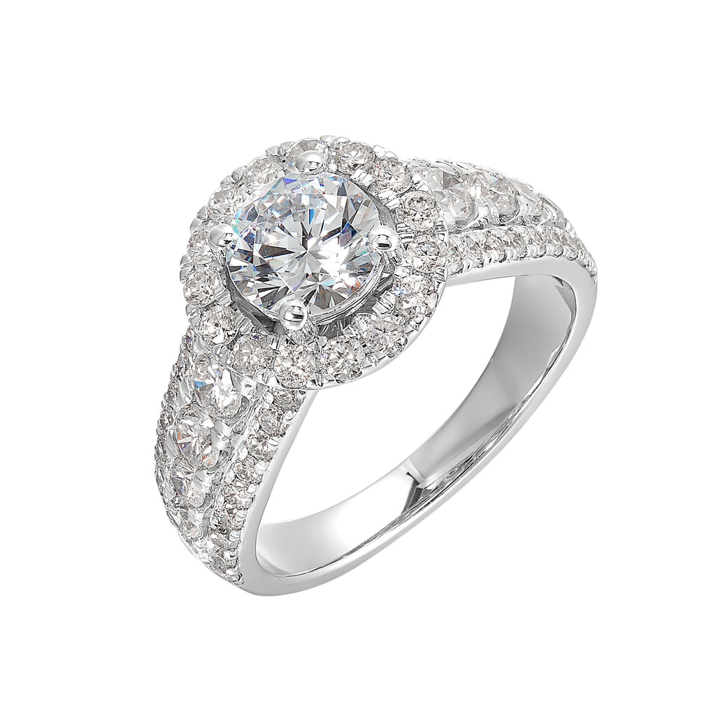 Modern and timeless, three row diamond engagement ring with bigger diamonds in center and a classy halo are sure to catch everyone attention.