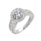 Modern and timeless, three row diamond engagement ring with bigger diamonds in center and a classy halo are sure to catch everyone attention.