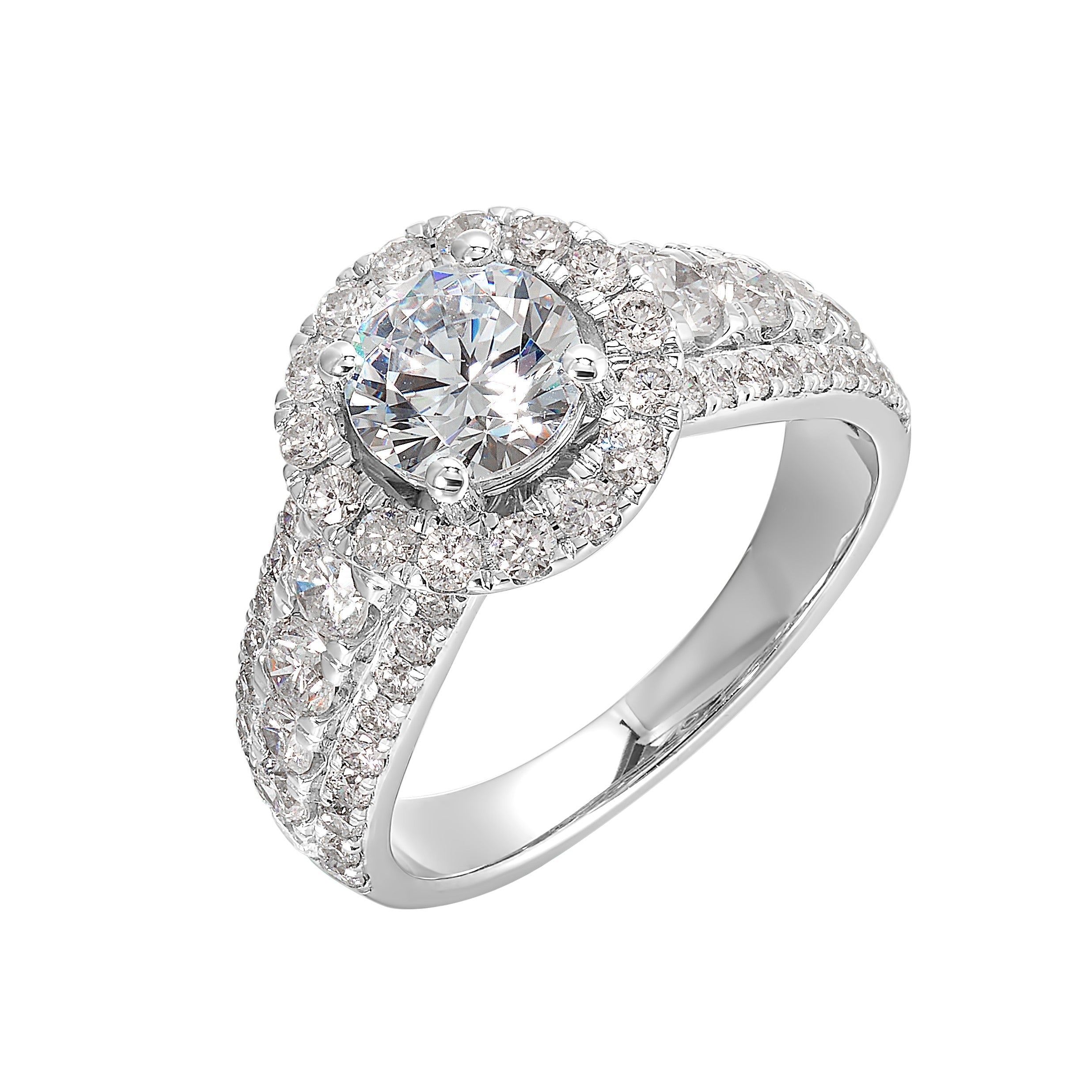Modern and timeless, three row diamond engagement ring with bigger diamonds in center and a classy halo are sure to catch everyone attention.