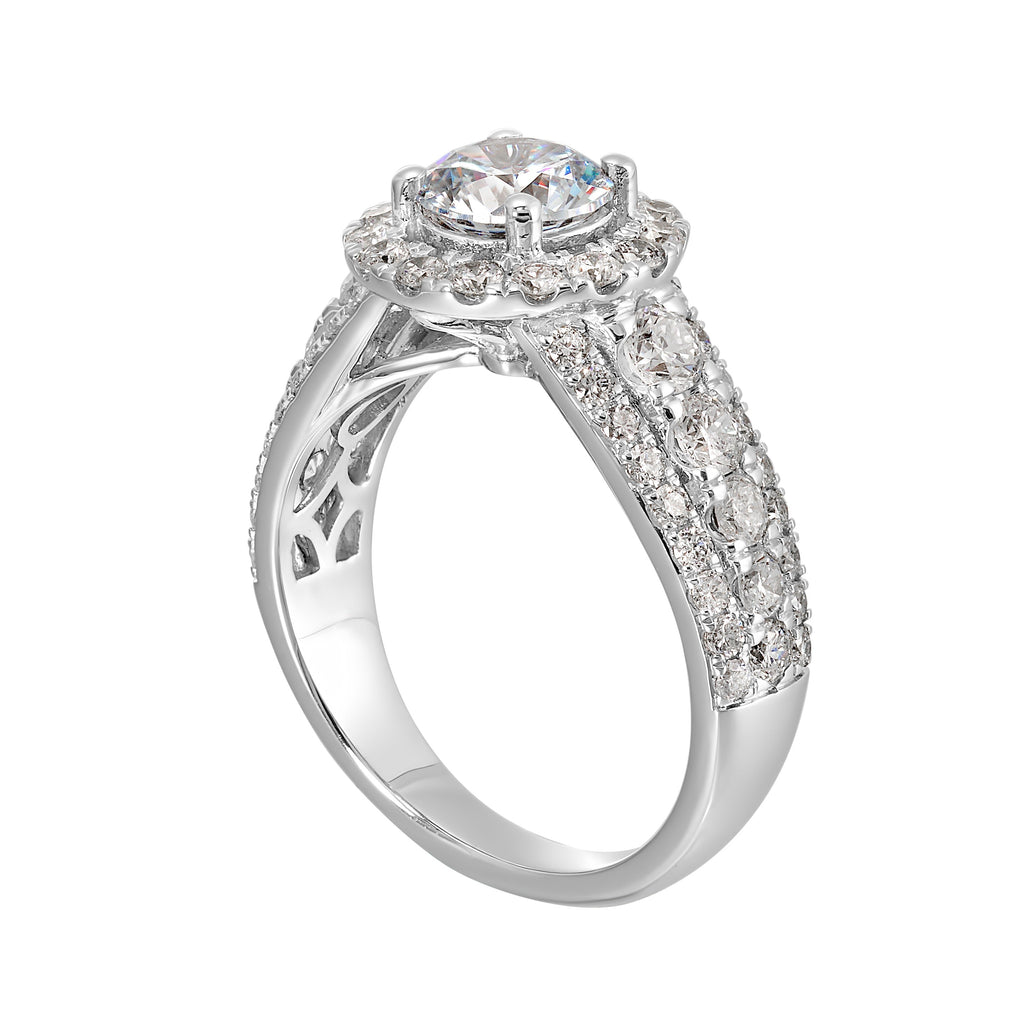 Modern and timeless, three row diamond engagement ring with bigger diamonds in center and a classy halo are sure to catch everyone attention.