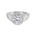 Start your love story with sparkles of this marquise and round diamond three stone engagement ring. The three rows shank have a beautiful split with pave studded diamonds on the sides.