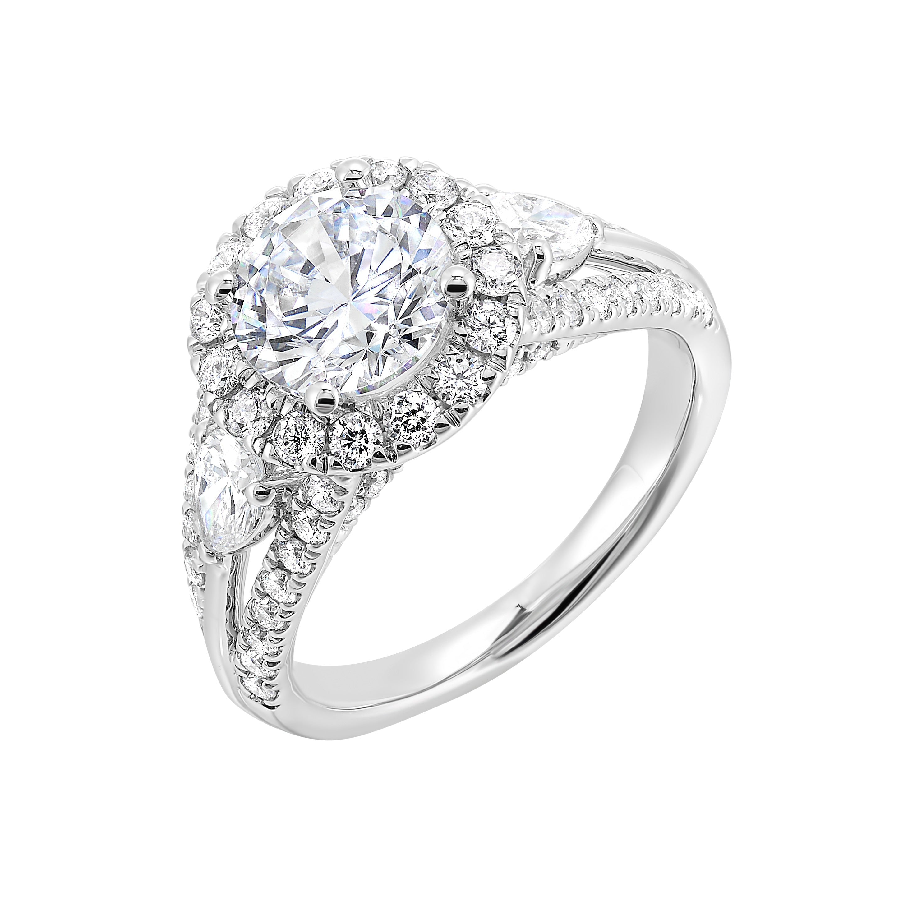 Start your love story with sparkles of this marquise and round diamond three stone engagement ring. The three rows shank have a beautiful split with pave studded diamonds on the sides.