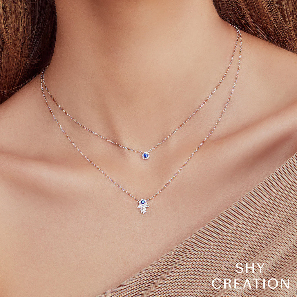 0.09CT DIAMOND & 0.08CT BLUE SAPPHIRE 14K Y/G HAMSA NECKLACE