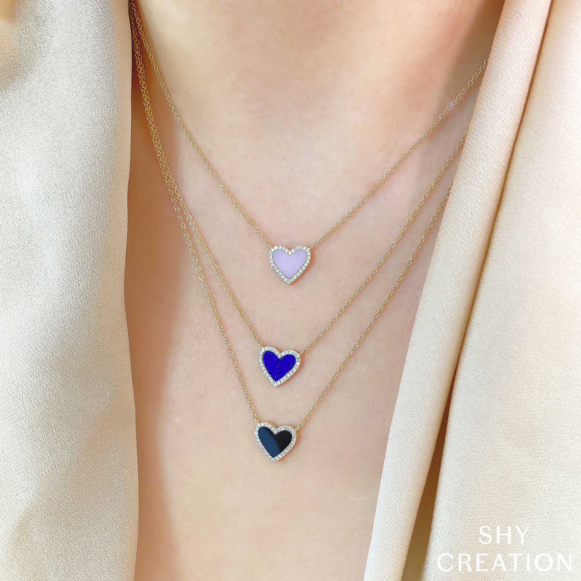 0.09CT DIAMOND & 0.54CT LAPIS 14K Y/G HEART NECKLACE
