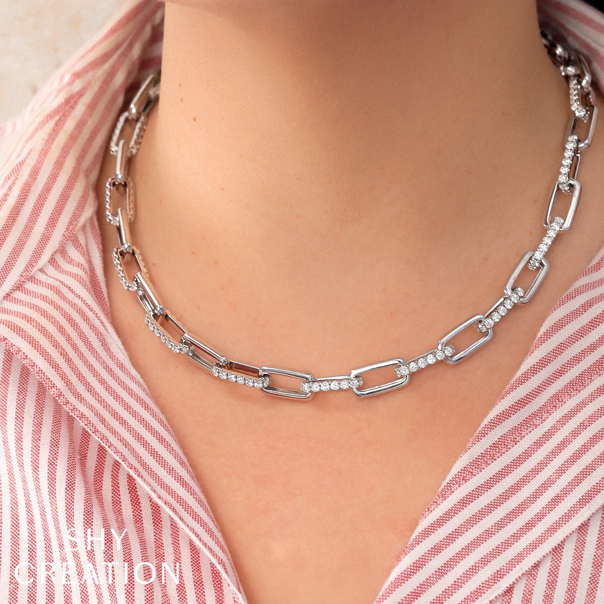 13.01CT 14K Y/G DIAMOND PAVE PAPER CLIP LINK NECKLACE