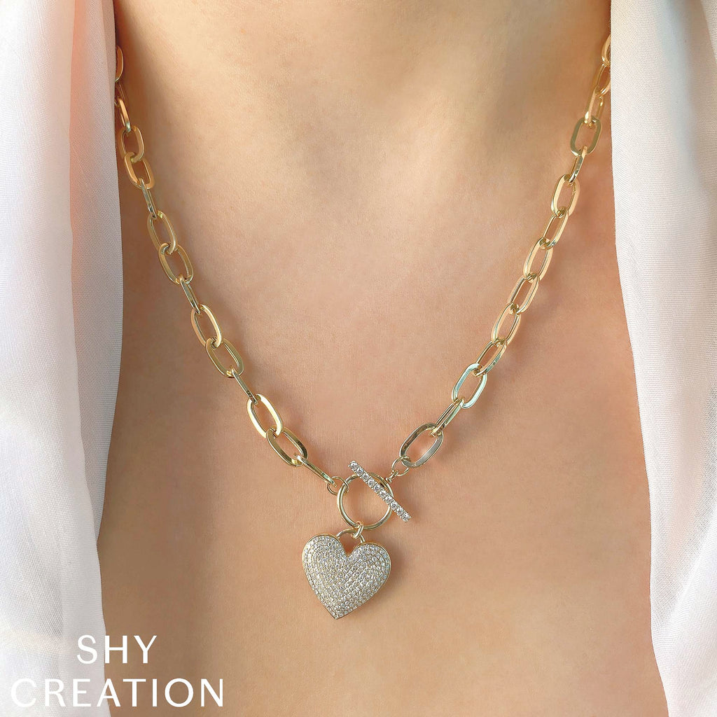 0.50CT 14K W/G DIAMOND PAVE HEART PAPER CLIP LINK NECKLACE