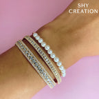 14K Y/G CULTURED PEARL PAPER CLIP LINK BRACELET