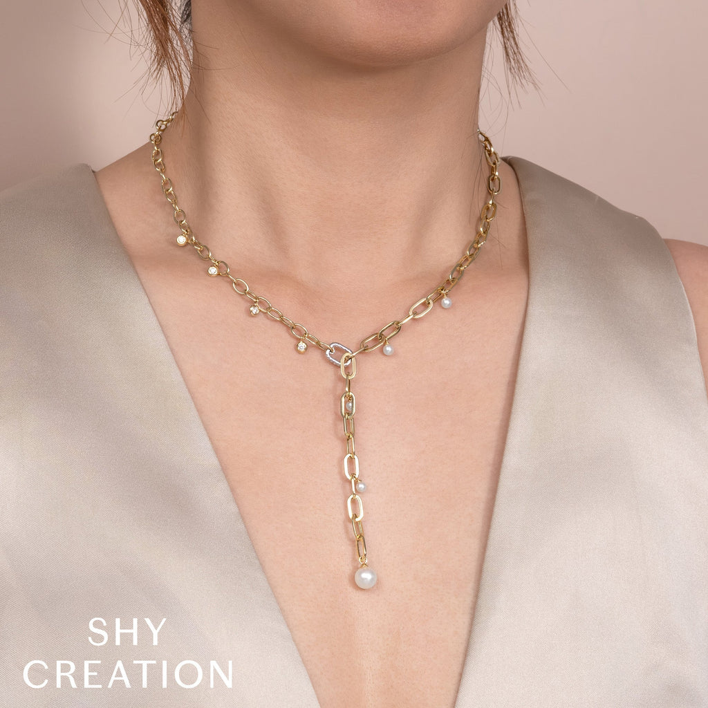 0.27CT 14K2T Y/W DIAMOND & CULTURED PEARL BEZEL PAPER CLIP LINK NECKLACE