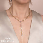 0.27CT 14K2T Y/W DIAMOND & CULTURED PEARL BEZEL PAPER CLIP LINK NECKLACE