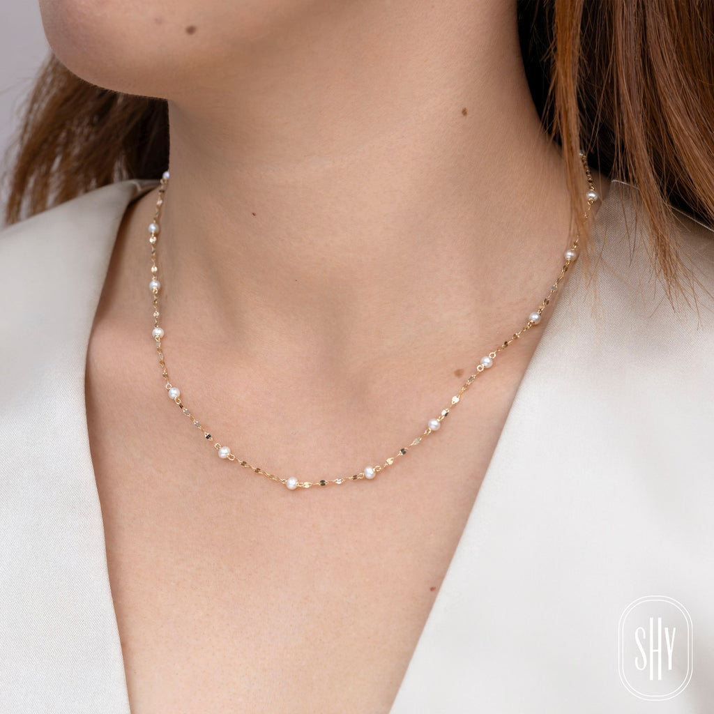 14K Y/G CULTURED PEARL SPARKLE CHAIN NECKLACE