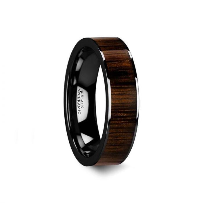 KENDO Black Ceramic Polished Finish Ring with Black Walnut Wood Inlay - 6mm - 10mm - Thorsten Rings