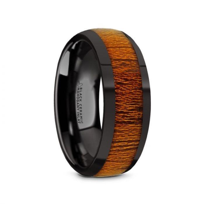 MABINI Black Ceramic Mahogany Wood Inlaid Men’s Domed Wedding Band with Polished Finish - 8mm - Thorsten Rings