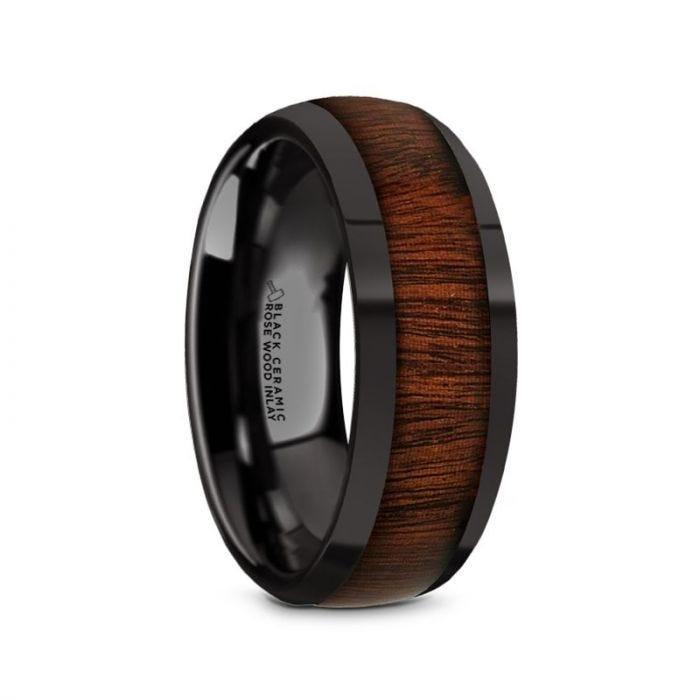 ROSAE Black Ceramic Domed Profile Polished Finish Men’s Wedding Band with Rose Wood Inlay - 8mm - Thorsten Rings