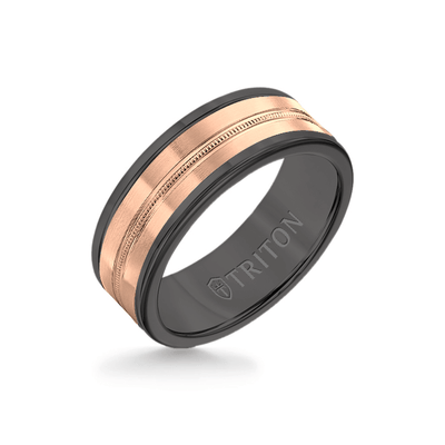 8MM Black Tungsten Carbide Ring - Center Milgrain 14K Rose Gold Insert with Round Edge