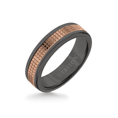 6MM Black Tungsten Carbide Ring  Cubed 14K Rose Gold Insert with Round Edge