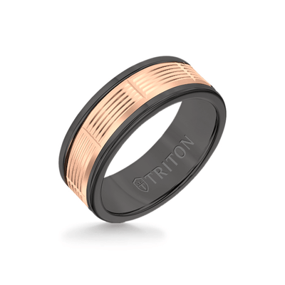 8MM Black Tungsten Carbide Ring - Serrated Vertical Cut 14K Rose Gold Insert with Round Edge