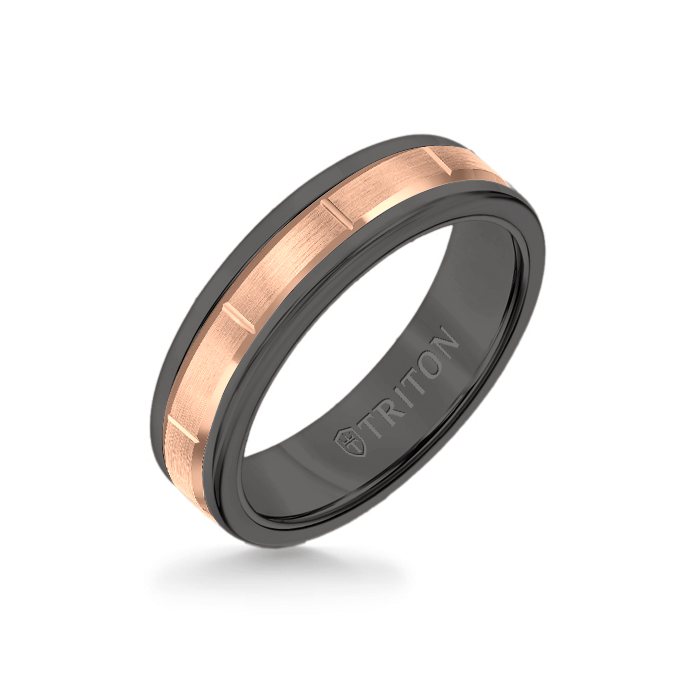 6MM Black Tungsten Carbide Ring - Vertical Cut 14K Rose Gold Insert with Round Edge