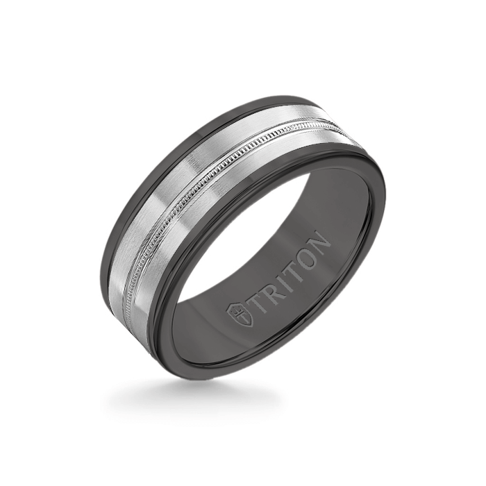8MM Black Tungsten Carbide Ring - Center Milgrain 14K White Gold Insert with Round Edge