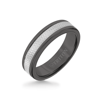 6MM Black Tungsten Carbide Ring - Criss Cross 14K White Gold Insert with Round Edge