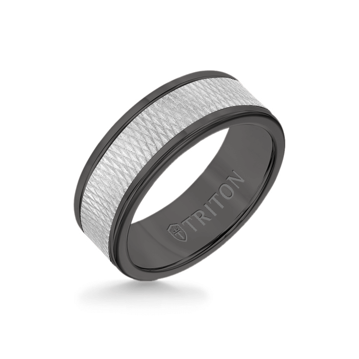 8MM Black Tungsten Carbide Ring - Criss Cross 14K White Gold Insert with Round Edge