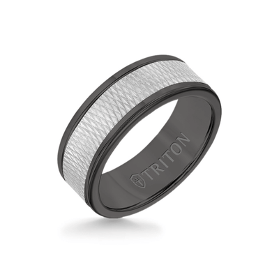8MM Black Tungsten Carbide Ring - Criss Cross 14K White Gold Insert with Round Edge