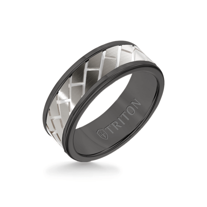 8MM Black Tungsten Carbide Ring  Diagonal Brick 14K White Gold Insert with Round Edge