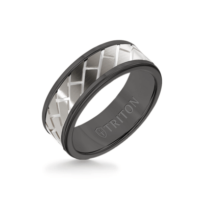 8MM Black Tungsten Carbide Ring  Diagonal Brick 14K White Gold Insert with Round Edge