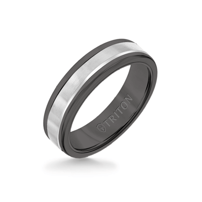 6MM Black Tungsten Carbide Ring - Linear 14K White Gold Insert with Round Edge