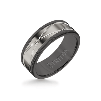 8MM Black Tungsten Carbide Ring  Oblong Infinity 14K White  Gold Insert with Round Edge