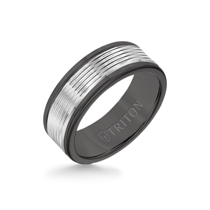 8MM Black Tungsten Carbide Ring - Serrated Engraved 14K White Insert with Round Edge
