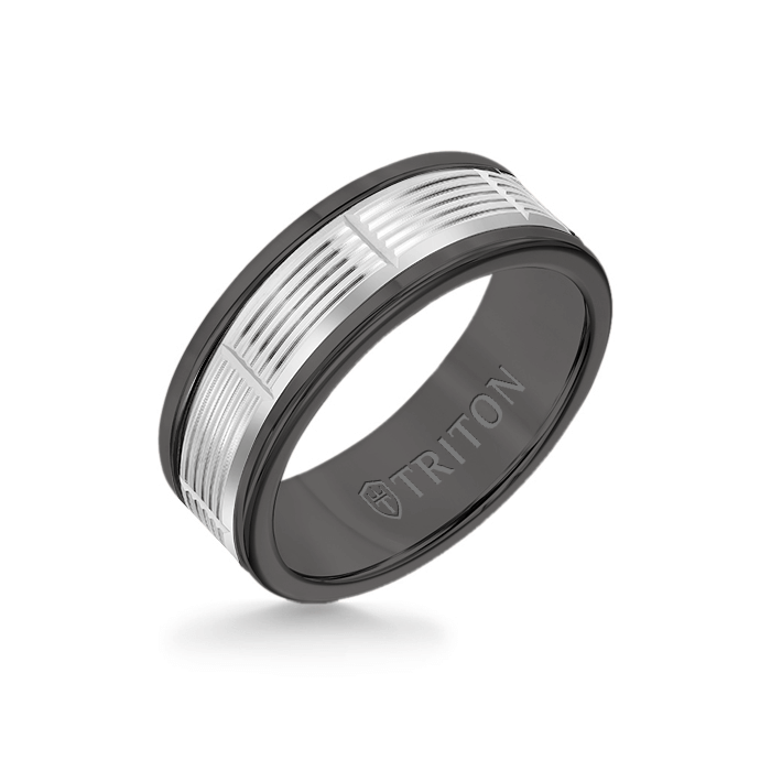 8MM Black Tungsten Carbide Ring - Serrated Vertical Cut 14K White Gold Insert with Round Edge