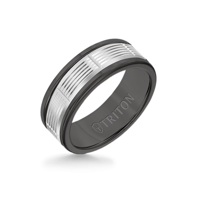 8MM Black Tungsten Carbide Ring - Serrated Vertical Cut 14K White Gold Insert with Round Edge