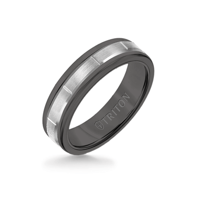 6MM Black Tungsten Carbide Ring - Vertical Cut 14K White Gold insert with Round Edge