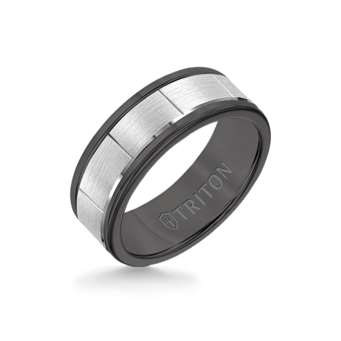 8MM Black Tungsten Carbide - Vertical Cut 14K White Gold insert with Round Edge
