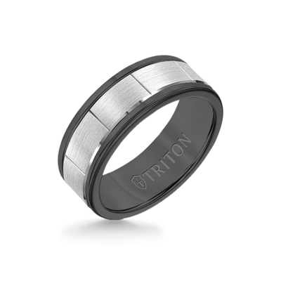 8MM Black Tungsten Carbide - Vertical Cut 14K White Gold insert with Round Edge