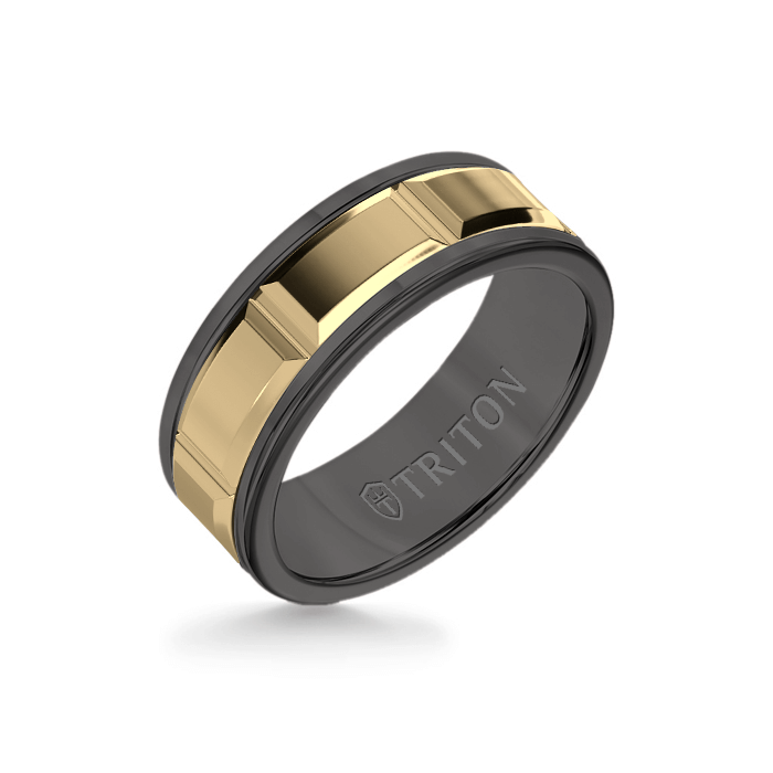 8MM Black Tungsten Carbide Ring  Beveled Prism 14K Yellow Gold Insert with Round Edge